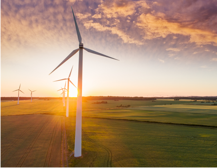 Frau steht vor Windrädern