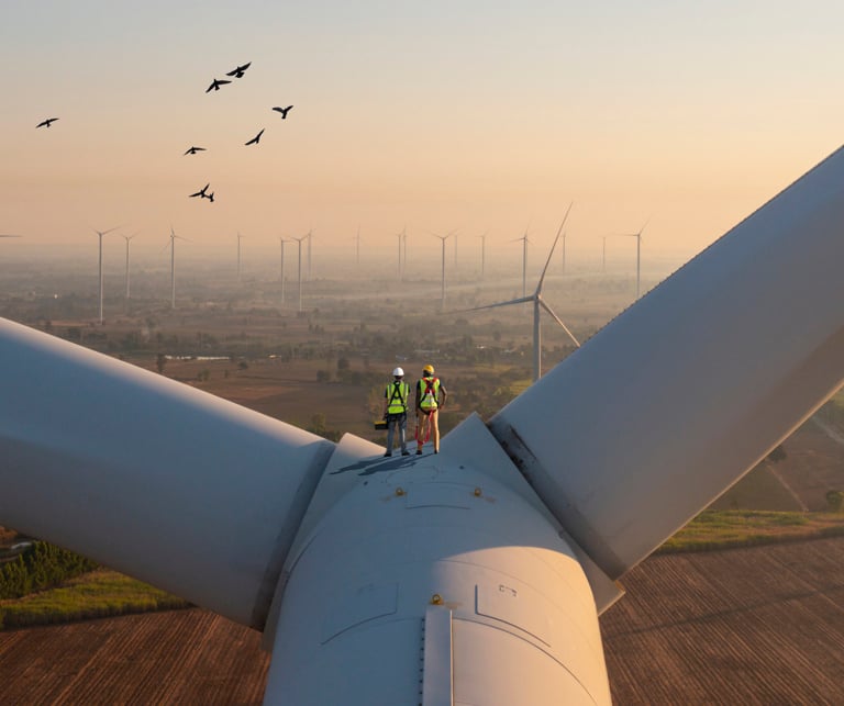 Two men stand on a wind turbine and look into the horizon