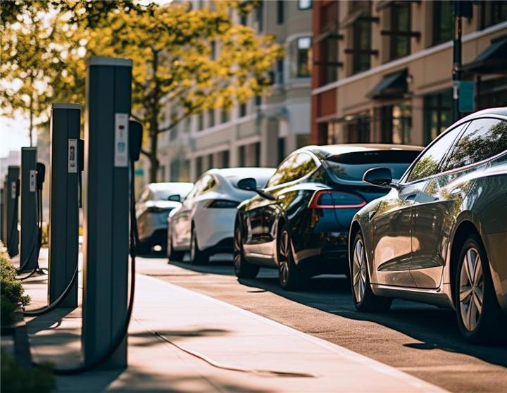A row of electric vehicles parked at charging stations along a city street on a sunny day, with buildings and trees in the background.
