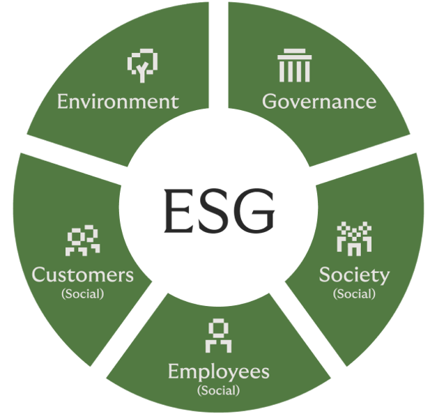 Green circular diagram representing Riverty's ESG impact on environment, society, employees, customers, and governance