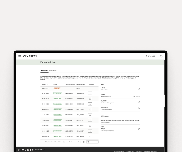 Riverty portal displaying financial report with payment dates, statuses, references, amounts, and download icons listed.