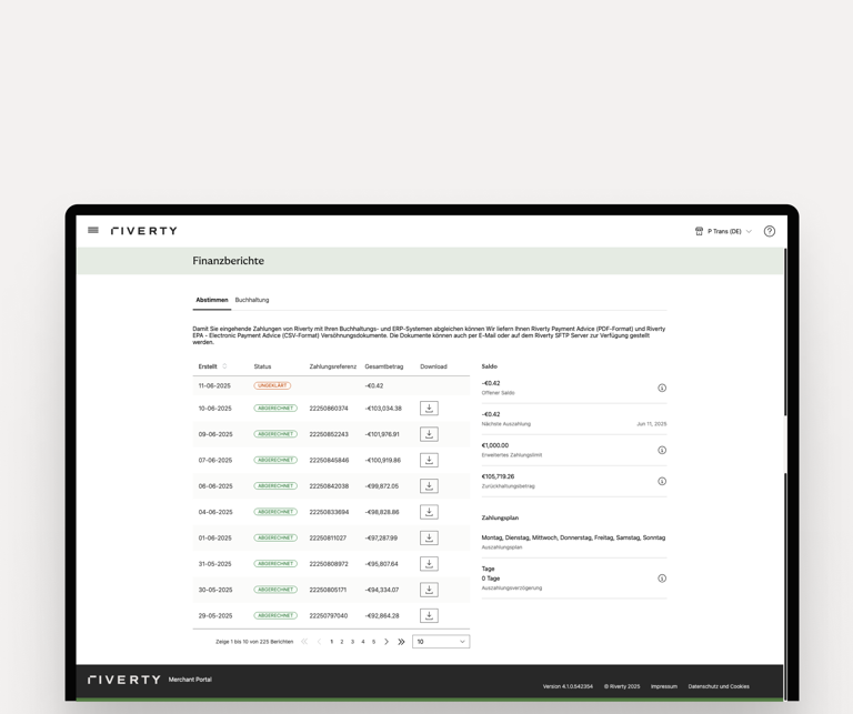 Riverty-Portal zeigt einen Finanzbericht mit Zahlungsdaten, -Status, Referenzen, Beträgen und Download-Symbolen.