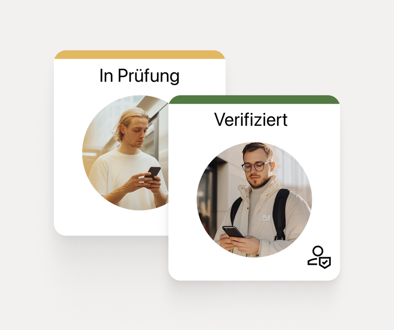 Zwei Benutzerkarten zeigen unterschiedliche Verifizierungsstufen: „Verifikation ausstehend“ und „Bestätigt“, jeweils mit den entsprechenden Benutzerbildern.