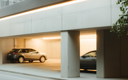 Hell beleuchtetes Parkhaus mit mehreren geparkten Autos.