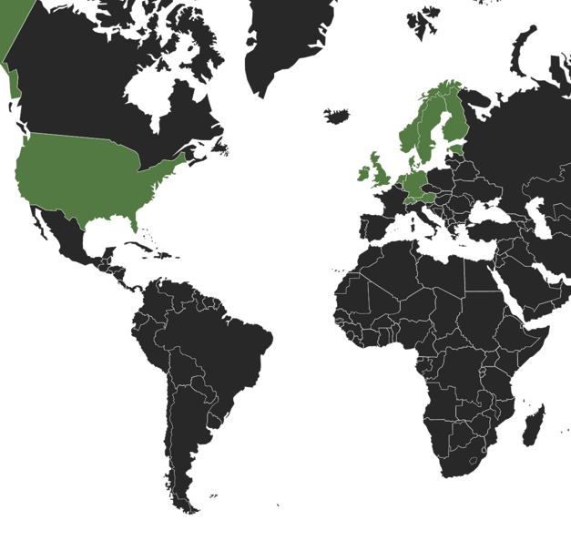 Kaart waarop de landen met Riverty-locaties zijn gemarkeerd