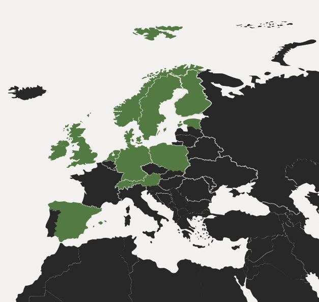 Die Karte zeigt die 13 Länder in Europa, in denen Riverty mit mehr als 30 Standorten international vertreten ist.