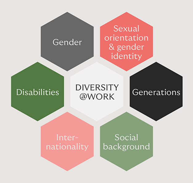 Darstellung der sechs Kernbereiche von Diversity, Equity & Inclusion (DEI) bei Riverty