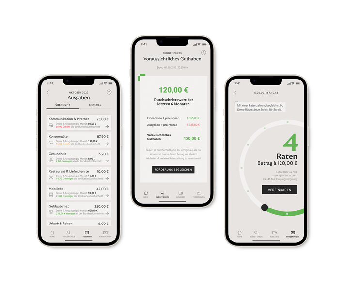Drei Ansichten der Riverty Back in Flow App, welche Ausgaben, voraussichtliches monatliches Guthaben und Ratenzahlung zeigen