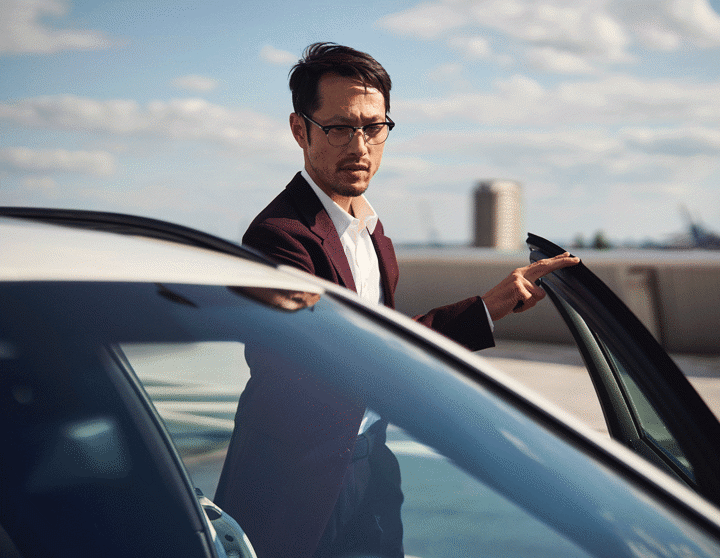 A man with glasses standing next to a car