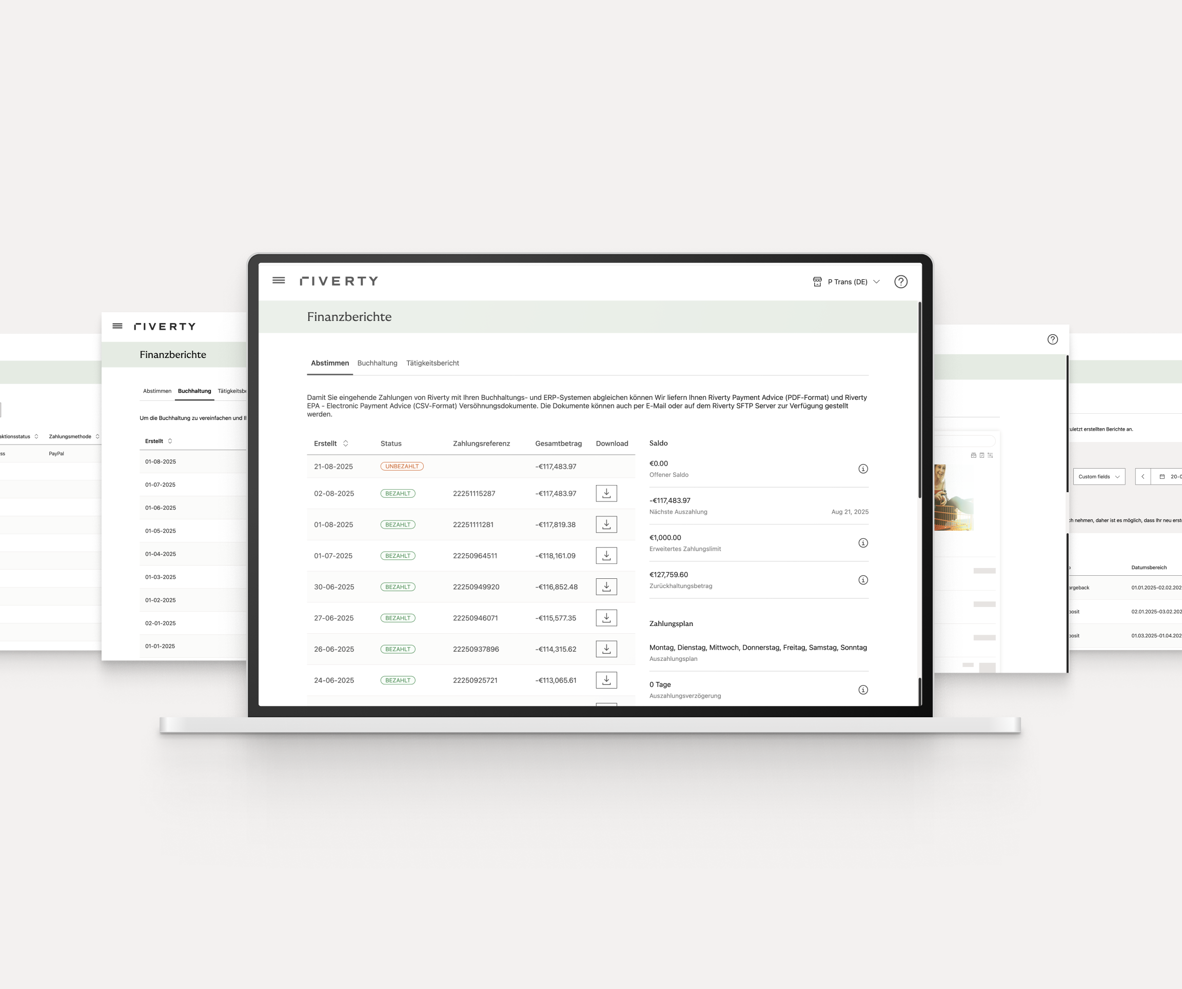 Merchant portal dashboard displaying financial transactions, balances, and downloads.