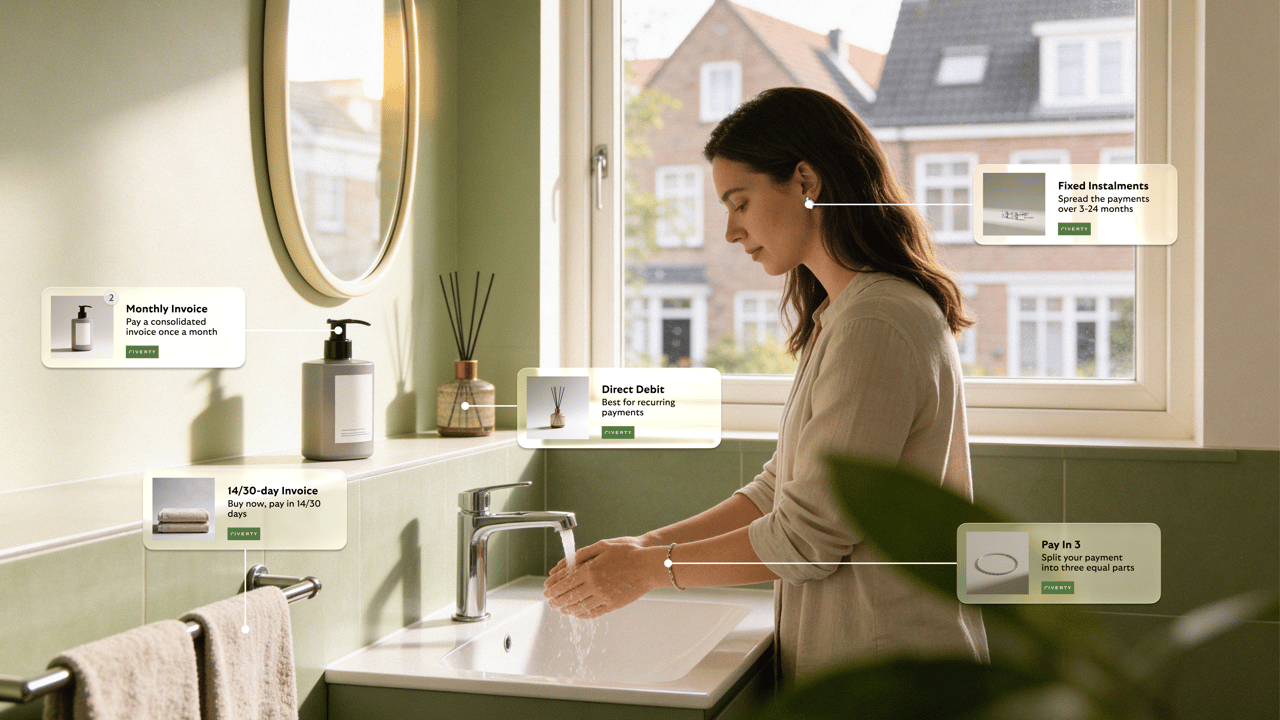 Woman washing her hands at a bathroom sink, with overlays showing different payment options such as monthly invoice, installments, direct debit, and pay in three.