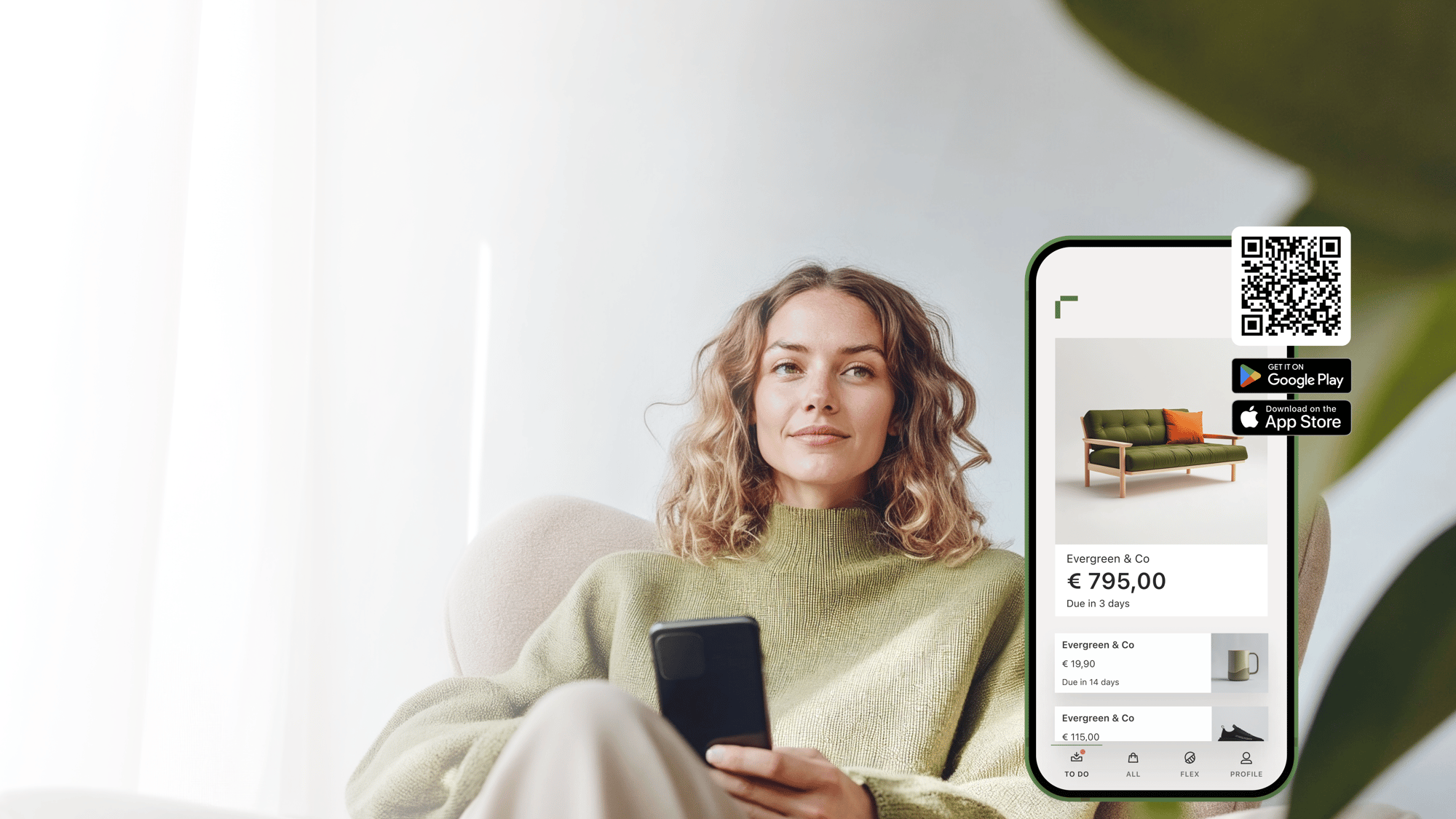Young woman wearing a green sweater, sitting on a sofa with her smartphone in her hands. The Riverty app and its 4.8-star rating are shown in the image, along with a link to download it.