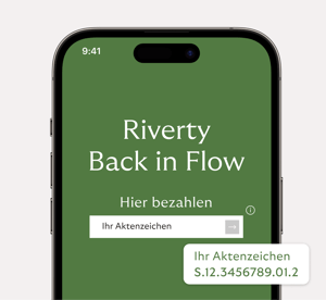 Riverty Back in Flow-App auf einem Smartphone-Bildschirm, der eine Übersicht über ausstehende Beträge anzeigt. 