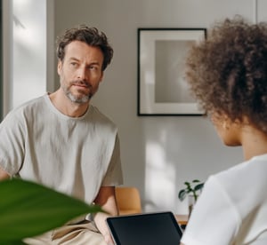 Two professionals discussing during indoor consultation meeting.