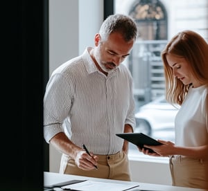 Two professionals reviewing documents together at modern office desk.