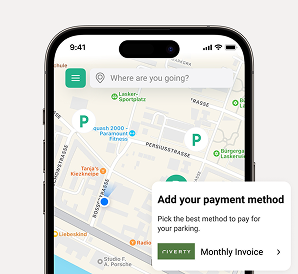 Parking provider App with pop-up displaying Riverty’s Monthly invoice payment option