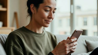 Woman on a couch with a smartphone in her hand