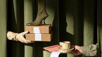 Olive-green heeled ankle boot on boxes, hands emerging from green curtains with coffee cup and receipt.