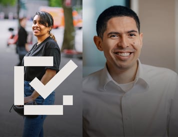 Checklist item marked as complete. Side-by-side portraits of two team members. One smiles while standing outdoors in an urban setting, while the other is photographed indoors in a professional office environment, representing the diversity of people across the organization.
