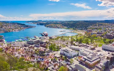 Aerial view of Sandefjord, with its harbor, buildings, and surrounding greenery