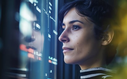 Eine Frau, die auf einen Computerbildschirm blickt, mit sichtbaren Datenreflexionen.