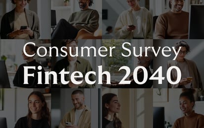 A collage of diverse people smiling and using their smartphones. In the center, larga white text reads "Consumer Survey Fintech 2040". The image conveys a friendly and connected atmosphere, emphasizing digital engagement and fintech innovation.
