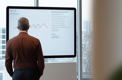 Man with gray hair standing in front of a large screen displaying a line chart in a modern office environment