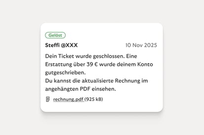 Benachrichtigung über die Beilegung der Streitigkeit mit Bestätigung der Rückerstattung.