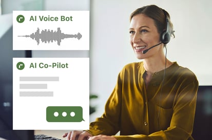 	Frau mit Headset am Computer, daneben UI-Elemente zu AI Voice Bot und AI Co-Pilot System