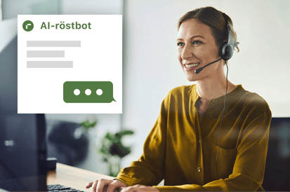 Kvinna med headset vid dator; gränssnittselement visar funktioner från AI Co-Pilot.