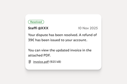 Dispute resolved notification with refund confirmation.