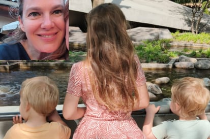 A woman smiling in a close-up photo is shown in the upper left corner, while the main image shows three young children from behind standing by a railing, looking at a pond surrounded by rocks and trees on a sunny day.