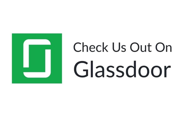 A logo with the text "Check Us Out On Glassdoor" next to a green square containing a stylized white door icon, representing the Glassdoor brand.