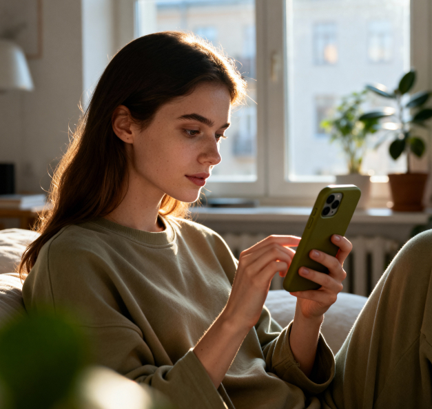 Woman On A Couch With Mobile Phone