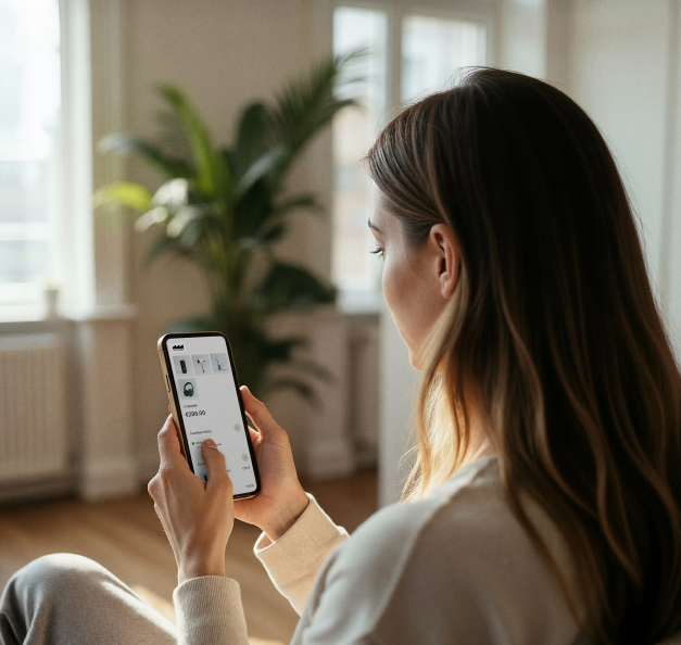Woman on a couch checking her mobile phone