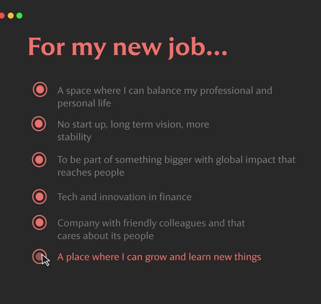 Dark-themed list titled “For my new job…” with all six options selected, ending with “A place where I can grow and learn new things.”