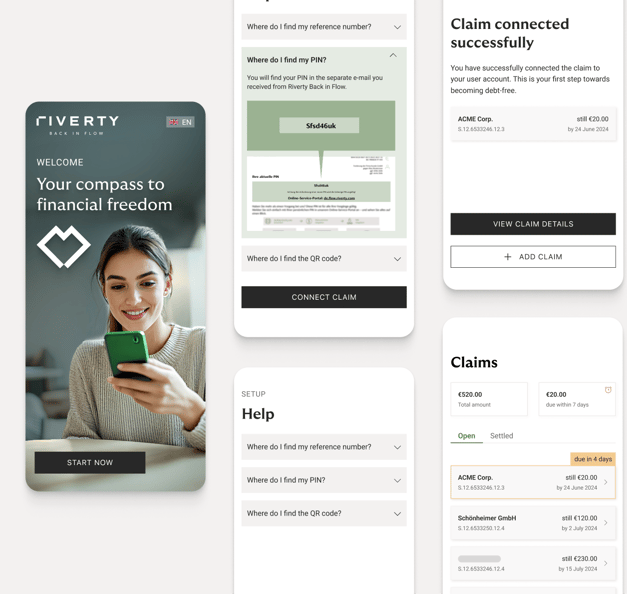 Image of the new Riverty Back in Flow App: Easily connect via your reference number, manage your open balances and pay directly or in installments.