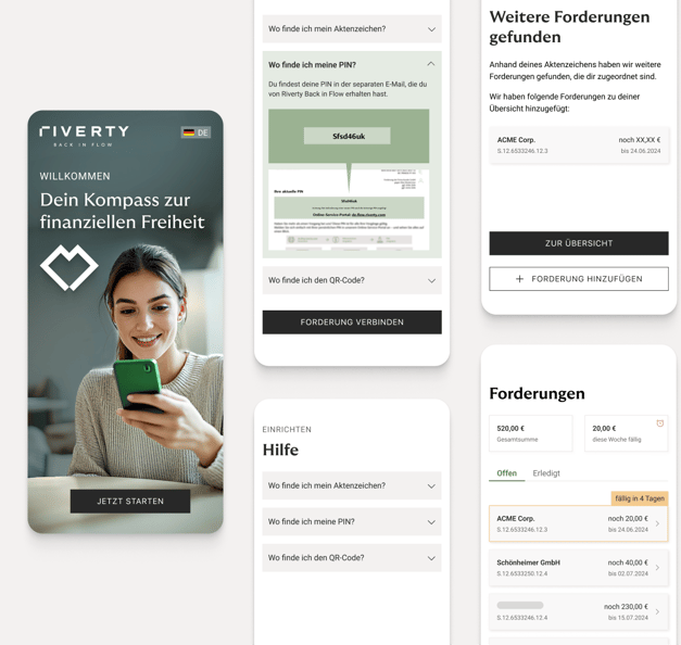 Image of the new Riverty Back in Flow App: Easily connect via your reference number, manage your open balances and pay directly or in installments.