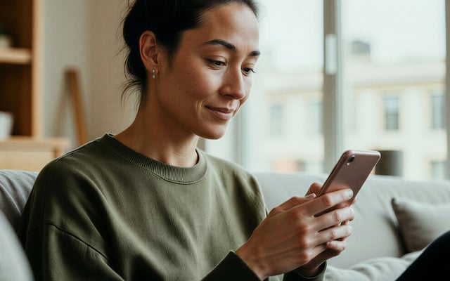 Woman on a couch with a smartphone in her hand