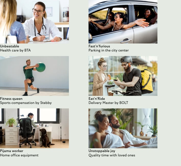 A grid of six benefit cards. A doctor smiling while speaking with a patient (health care by BTA). Friends laughing in a car in a city (parking in the city center). A man exercising with a medicine ball (sports compensation by Stebby). A courier with a yellow delivery backpack handing food to a customer (Delivery Master by Bolt). A person working at a home desk with a dog beside them (home office equipment). A relaxed couple in spa robes enjoying time together (quality time with loved ones).