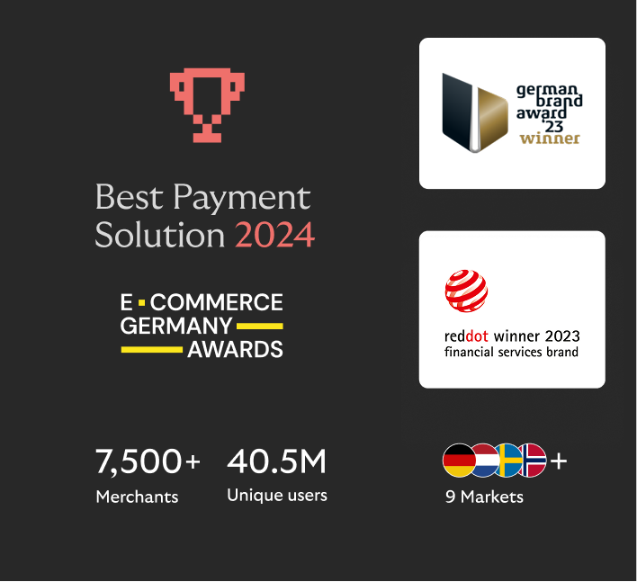 Best Payment Solution 2024,” German Brand Award and Red Dot 2023 wins, plus stats: 7,500+ merchants, 40.5M users, and 9 markets
