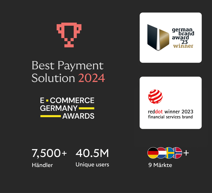Best Payment Solution 2024,” German Brand Award and Red Dot 2023 wins, plus stats: 7,500+ merchants, 40.5M users, and 9 markets