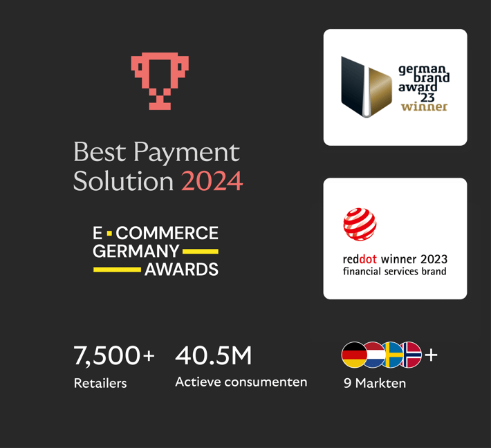 Beste betaaloplossing 2024, winnaar van de German Brand Award en Red Dot 2023, plus statistieken: meer dan 7500 handelaren, 40,5 miljoen gebruikers en 9 markten