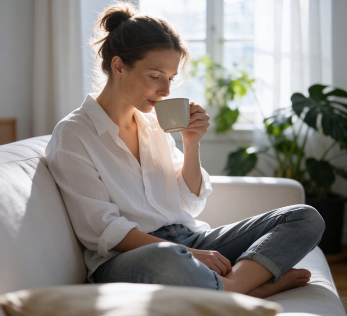 Woman enjoying a warm drink at home in natural morning light