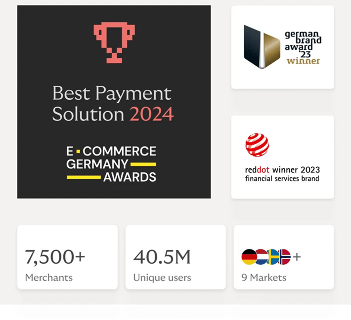 Best Payment Solution 2024,” German Brand Award and Red Dot 2023 wins, plus stats: 7,500+ merchants, 40.5M users, and 9 markets