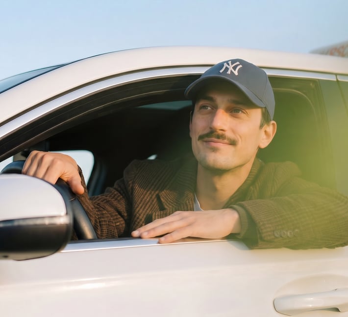 Person sitting in a car, looking ahead with a relaxed expression.