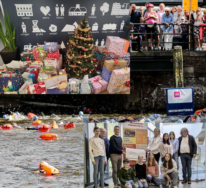Eine Collage aus vier Szenen: Oben links: Ein geschmückter Weihnachtsbaum, umgeben von vielen bunt verpackten Geschenken, vor einer Wand mit Illustrationen und Schrift. Oben rechts: Eine Gruppe von Menschen steht auf einer Brücke und beobachtet ein Ereignis darunter. Unten links: Zahlreiche Schwimmer:innen im offenen Wasser mit auffälligen Badekappen und Sicherheitsbojen. Unten rechts: Eine Gruppe junger Menschen und Erwachsener steht in einem Innenraum, posiert mit einem großen Spendenscheck und einer Infotafel