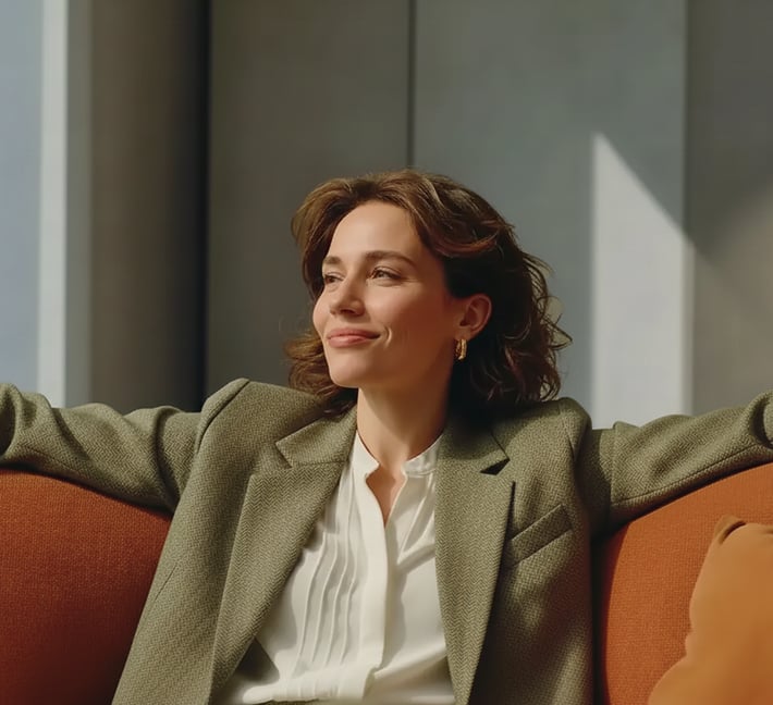 Frau, die entspannt auf einem Sofa sitzt.