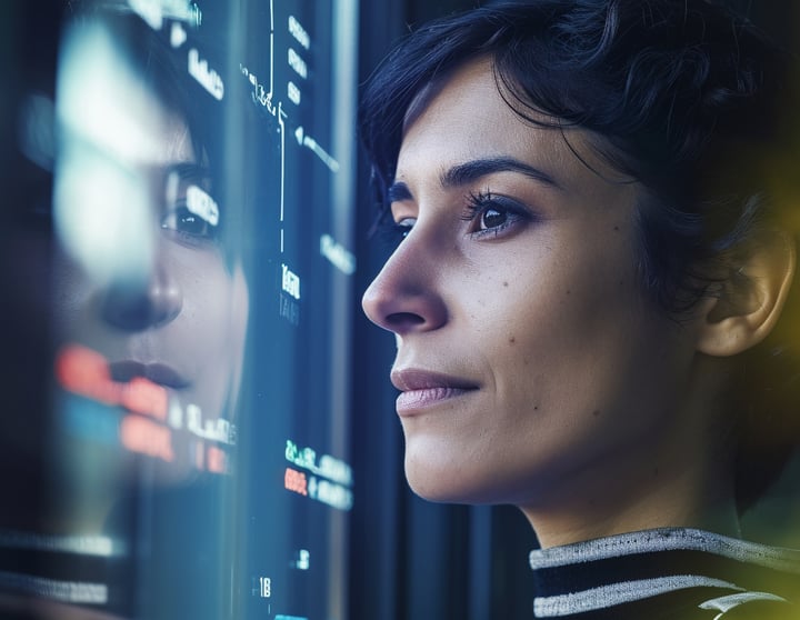 Eine Frau, die auf einen Computerbildschirm blickt, mit sichtbaren Datenreflexionen.
