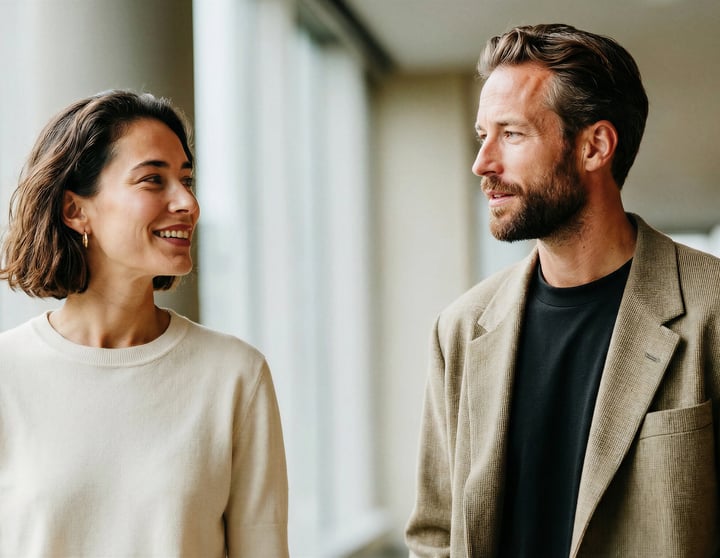 Two professionals walking and talking in a modern office corridor, representing collaboration and trust in a corporate environment.